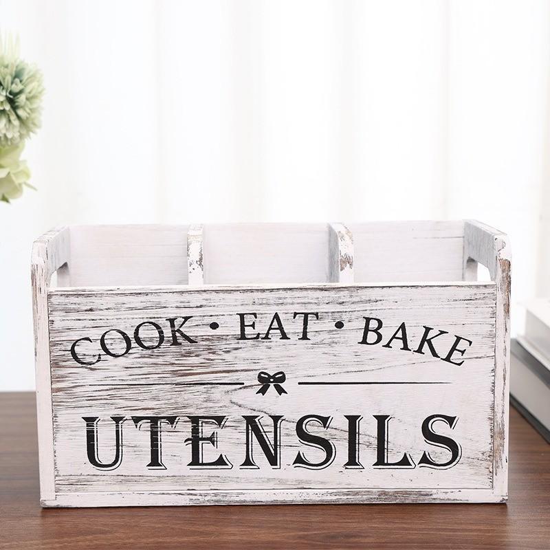 Kitchen Utensil Rack with Three Compartments Rustic Wooden Storage Box Vintage Tableware Farmhouse Dish Cabinet Forks Spoo