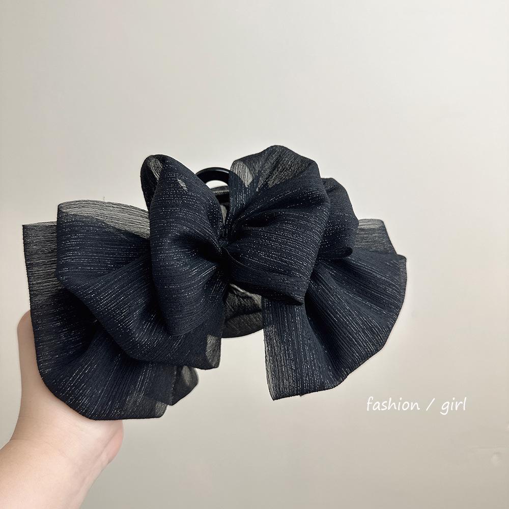 Elegant Korean Black Bow Hairpin - Large High-Grade Shark Clip for Summer