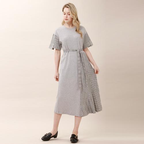 Bunderghost Striped Color Block Asymmetrical Short Sleeve Long Dress (Gray)