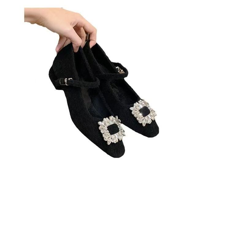 Shoe drill buckle small square head word woolen thick heel Mary Jane single shoes women's spring
