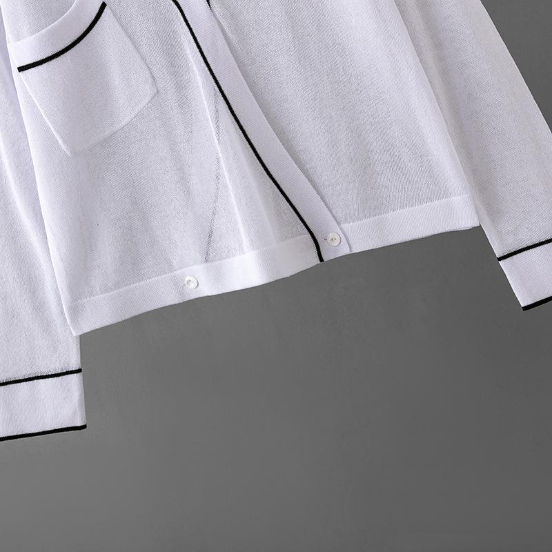 Cardigan de viscose com decote em V de manga comprida e botão pulôver para mulheres casual preto e branco gelo proteção UV seda chiffon blusas camisas com bolsos