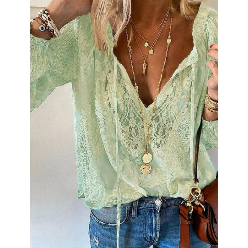 women's Lace Patchwork V Neck Long Sleeve Blouse Loose Fit Casual Commuter Top Shirt