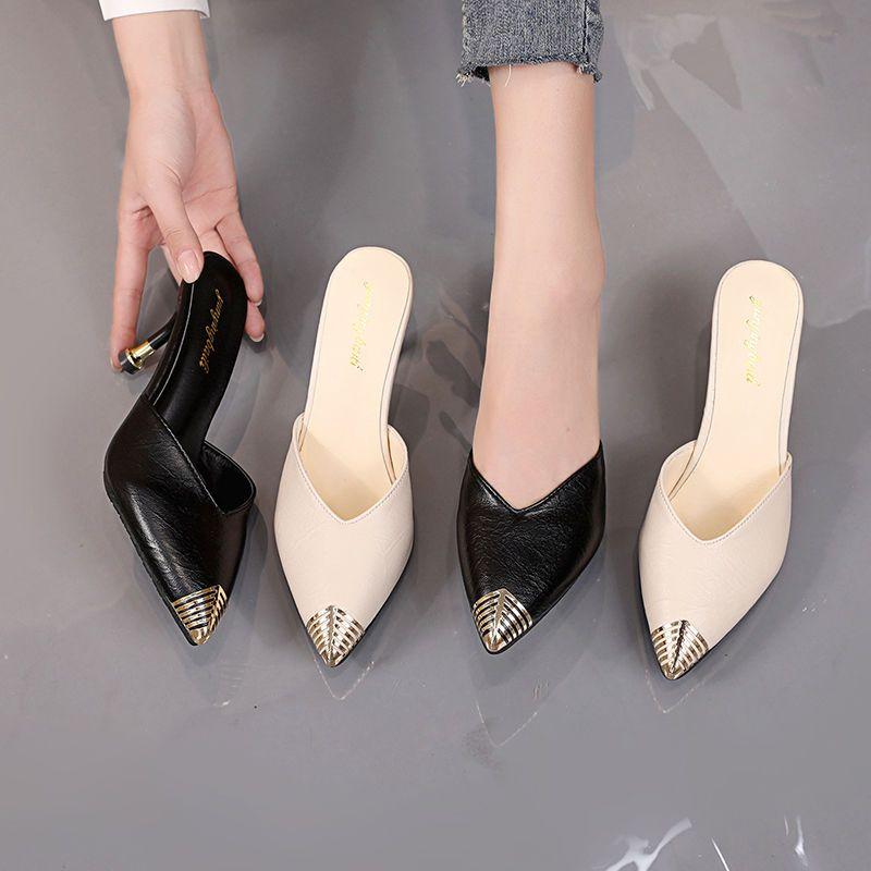 Outside Pointed Toe Mules Shoes Heeled Slides Summer 2025 Women's Slippers and Ladies Sandals Sale Cheap Liquidation Unique Shoe