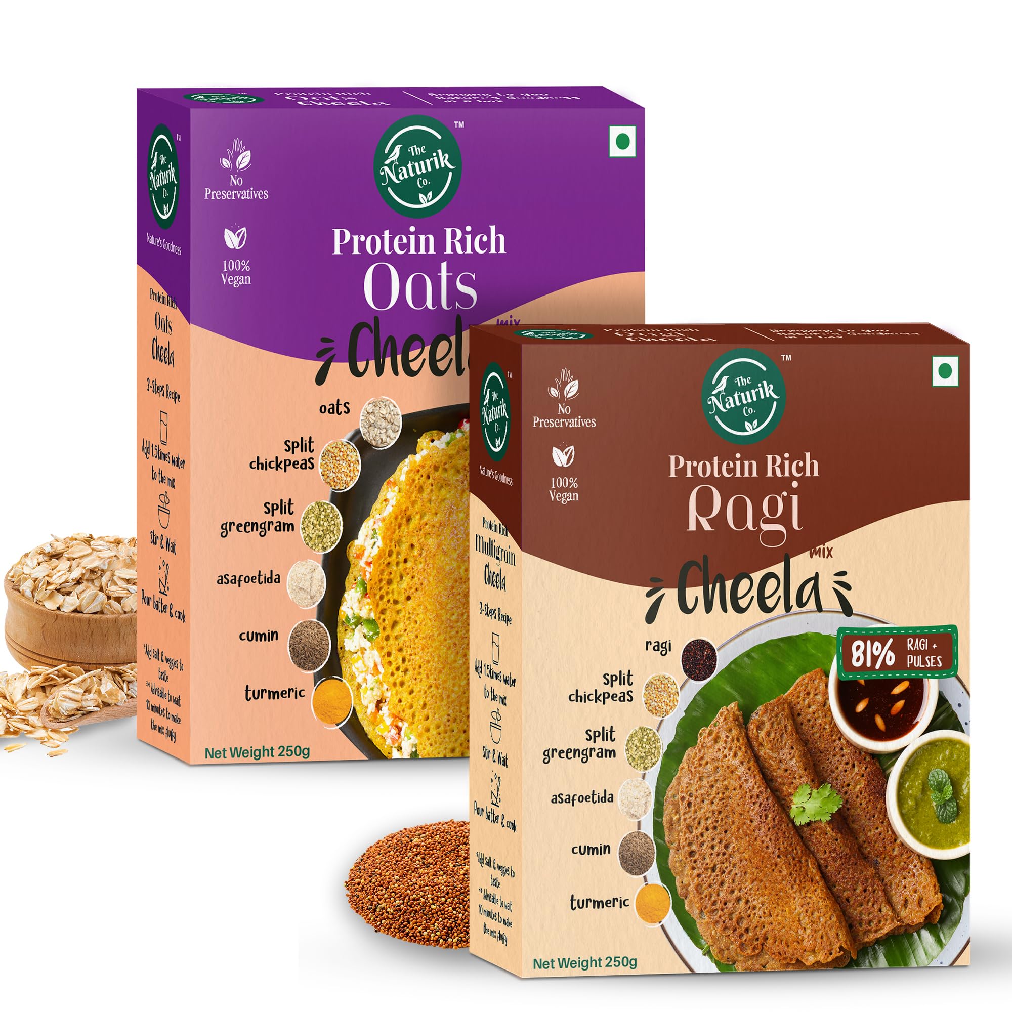 The Naturik Co Oats & Ragi Cheela Mix Combo 250g (Pack of 2) - Ready to Cook Chilla/Dosa Mix|Healthy & Instant Breakfast | Anytime Snack fo