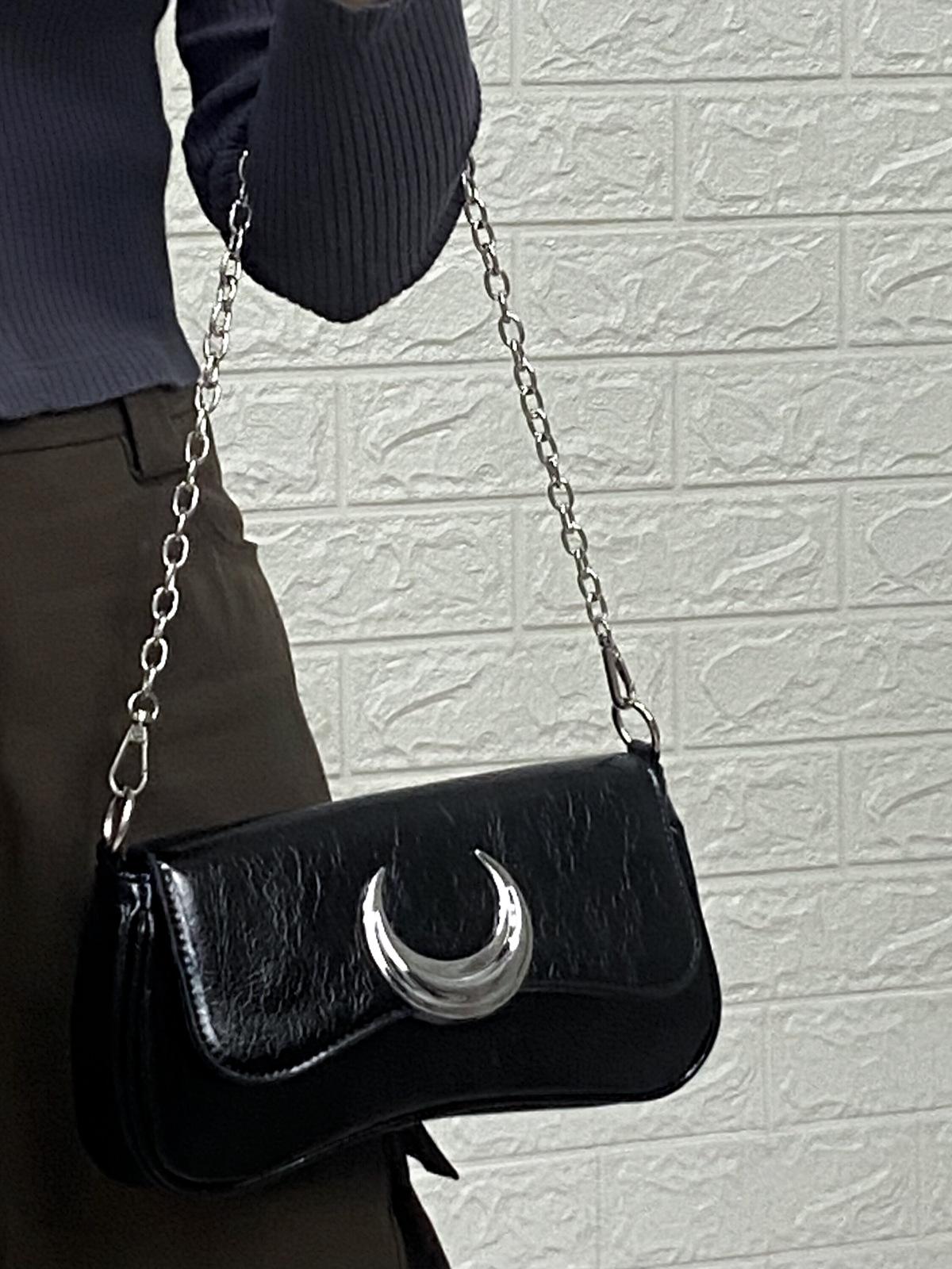 

Сумка-полумесяц, новый ретро-стиль, сумка подмышку, высококачественная цепочка, сумка-багет, наплечная сумка-мессенджер, нишевый дизайн чёрный