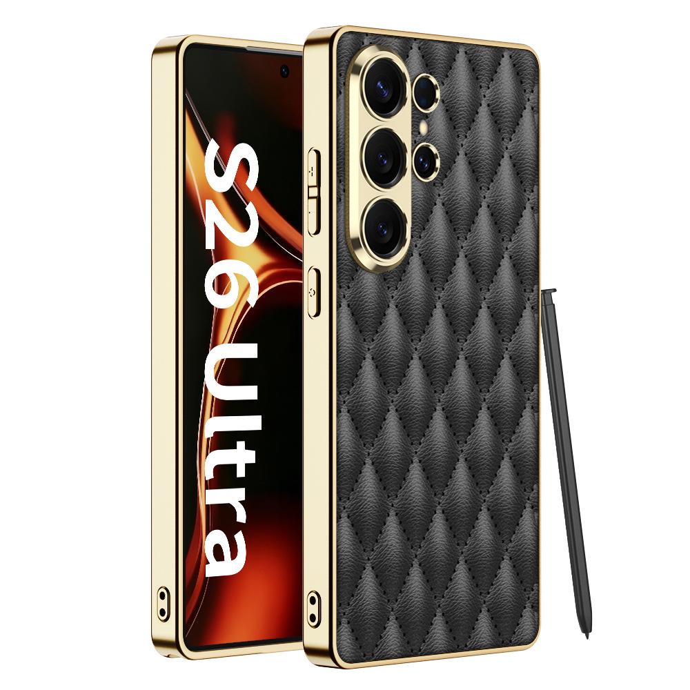 Samsung S26Ultra Plain Leather Mobile Phone Case Advanced Sense Small Fragrance Electroplating S26u Anti-drop Protective Case, Diamond Grid.