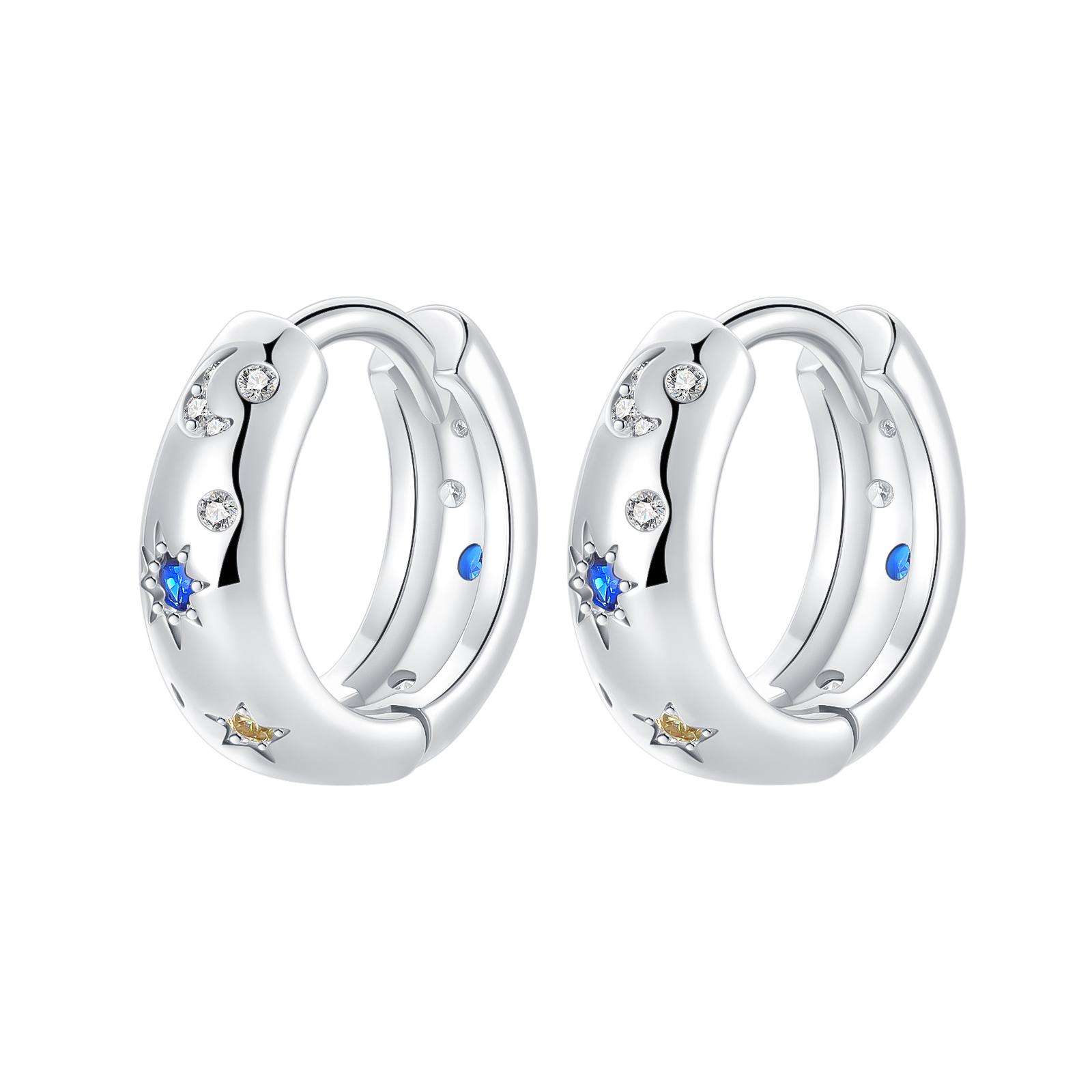 

925 Sterling Silver Hoops Cycle Moon Sun Cubic Blue Zircon Piercing Studs Earrings Fine Engagement Jewelry for Women Gifts