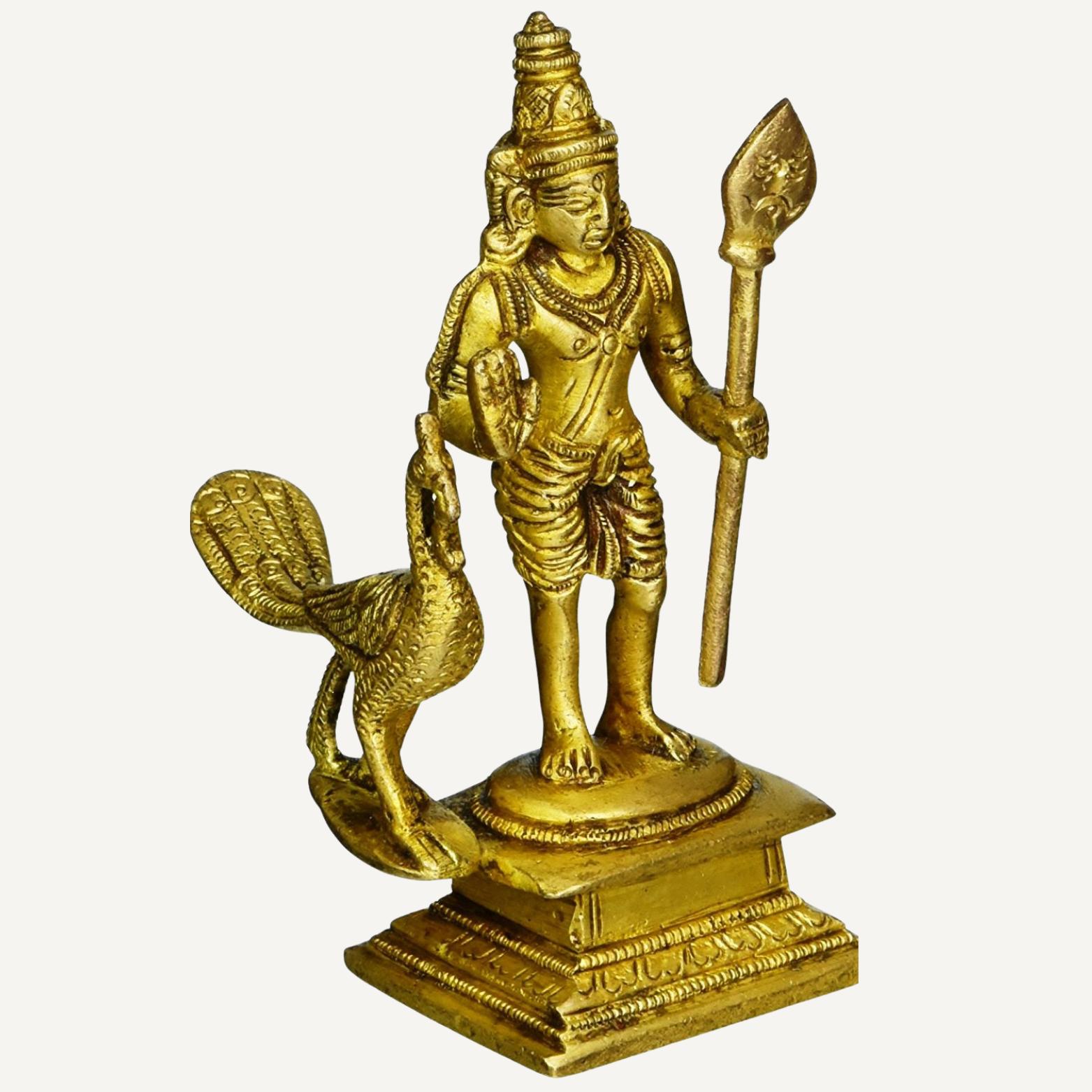 Lord Murugan Karthikeya, Skanda, Kumara, Subrah-Manya Idol, Gold, Brass Statue