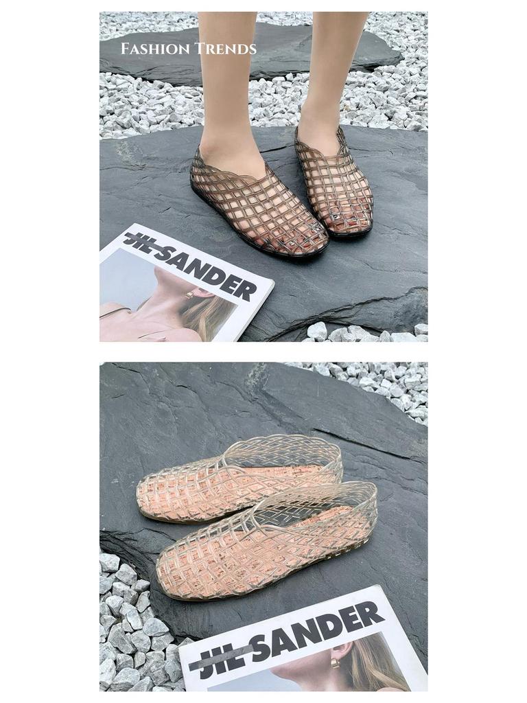 2025 Women's Mesh Slip-On Jelly Sandals: Crystal, Hollow Out, Flat Bottom, Comfortable, Casual Korean Style.