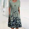 Mode Kurzarm Print Rundhals Damen Sommerkleid Tasche Floral Lässig Schlicht A-Linien Party Mittellanges Kleid Slim Fit Plissiert Locker Kleidung