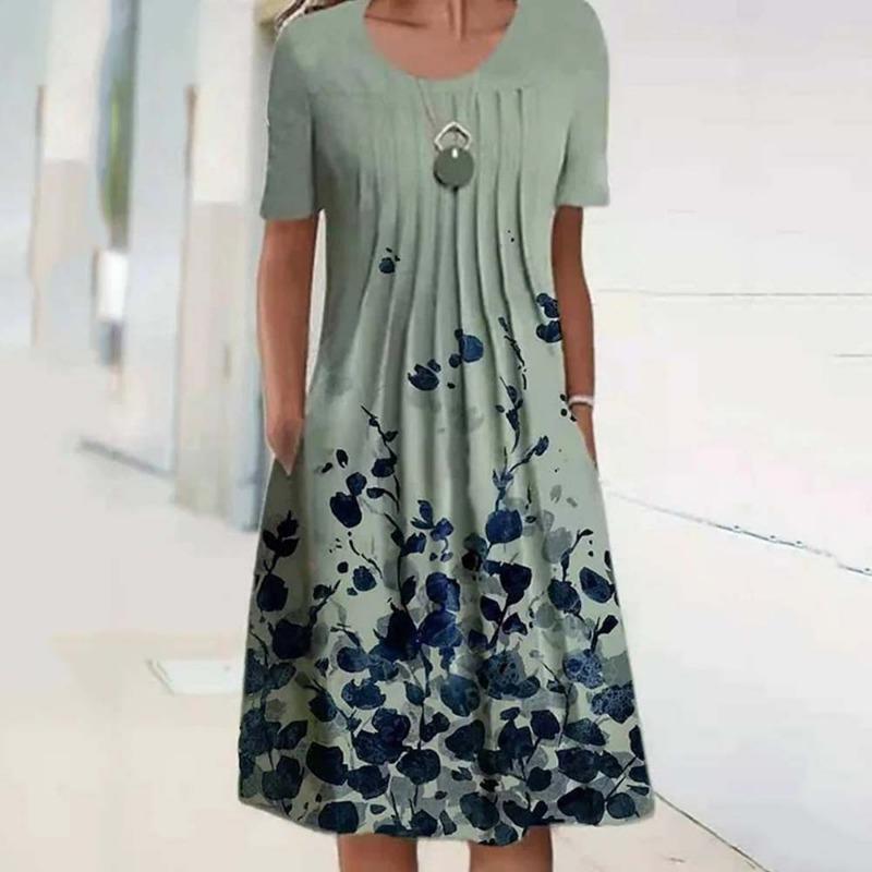 Mode Kurzarm Print Rundhals Damen Sommerkleid Tasche Floral Lässig Schlicht A-Linien Party Mittellanges Kleid Slim Fit Plissiert Locker Kleidung