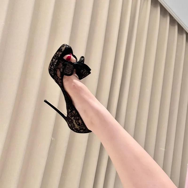 Fashion Summer 2025 new open toe fishmouth mesh lace embroidery bow waterproof platform sandals women's sense stiletto heels