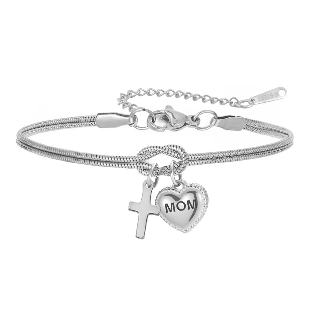 MOM Engraved Heart Charm Bracelet Stainless Steel Women's Love Knot Snake Chain Bracelets Jewelry Mother's Day Gift