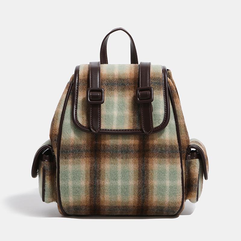 2024 Spring/Summer New Niche Color-Contrast Plaid Backpack Suede Backpack in Maillard Style Retro Women s Backpack хаки