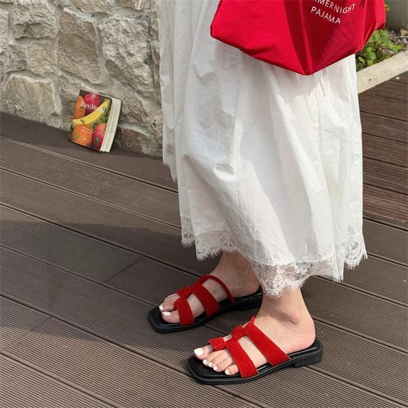 New Foot Flat Slippers Summer Toe Slippers Women's Casual Solid Color Dopamine Cool Slippers Large and Small Size Women's Shoes