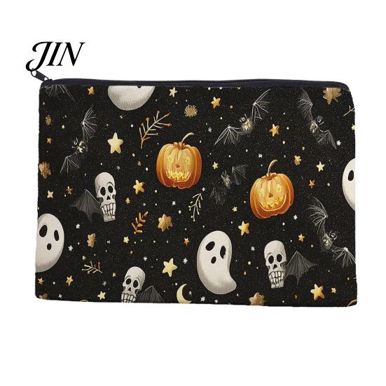 Portable Zippered Pouch Halloween Storage Bag, with Pumpkin Ghost Pattern Design, Thickened Wear Resistant Canvas Bag Cosmetic Organizer, for