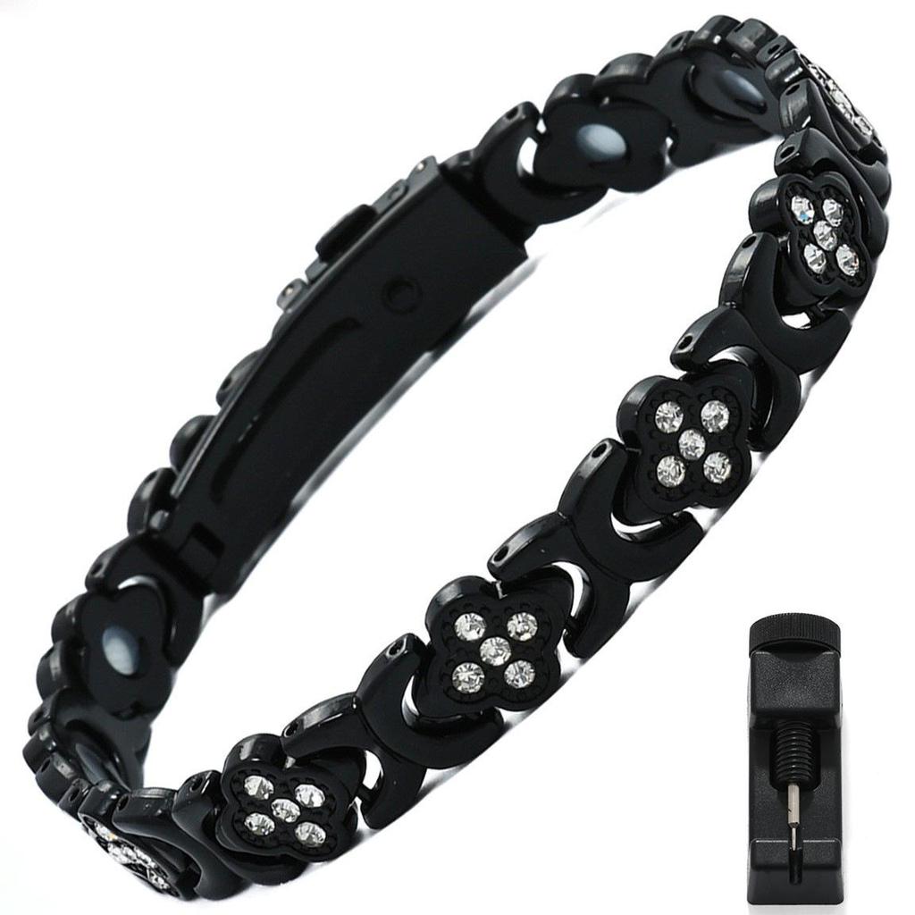 European & American Magnetic Bracelet: Fashionable Four-leaf Clover Alloy with Diamond Inlay, Single Row Magnetic Jewelry for Women.