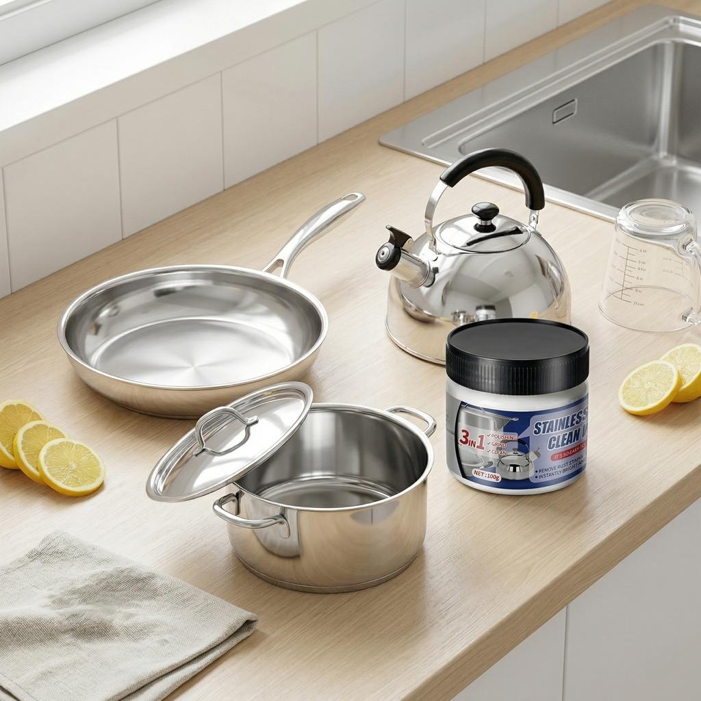 Pasta Detergente per Acciaio Inossidabile 3 in 1 Crema Lucidante, Abrasiva e Detergente per Pentole, Elettrodomestici da Cucina Barattolo da 100g