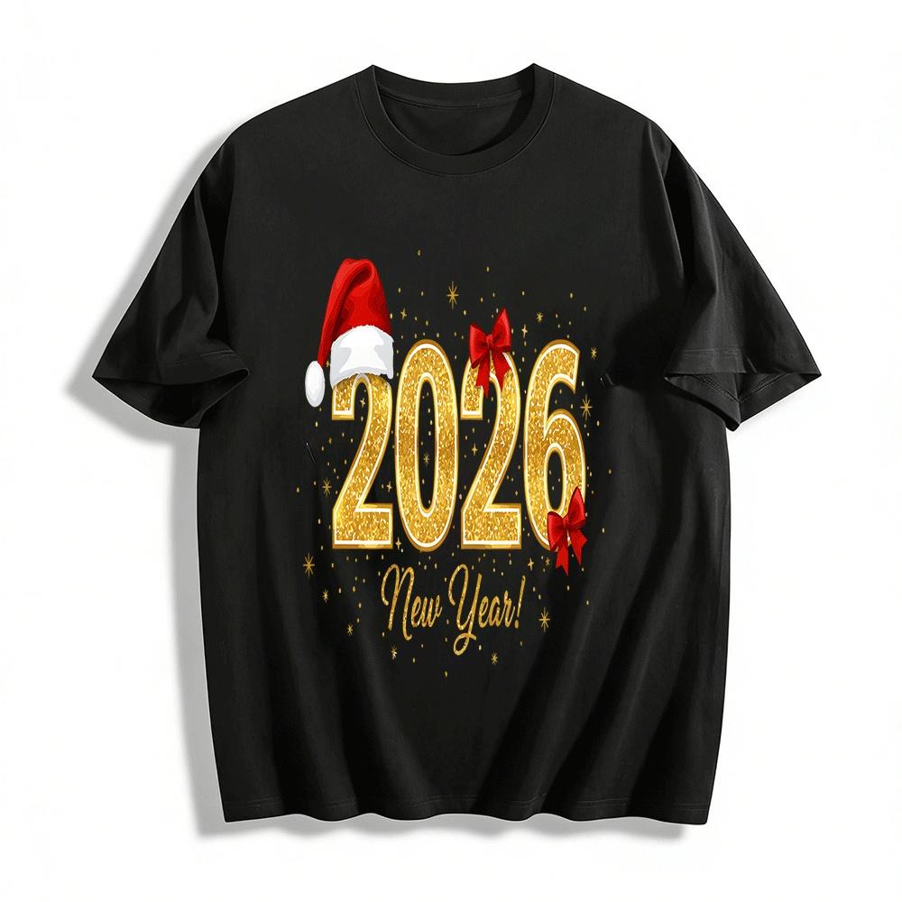 

2026 New Year Glitter Number Print Casual Top Pure cotton T-shirt XXS