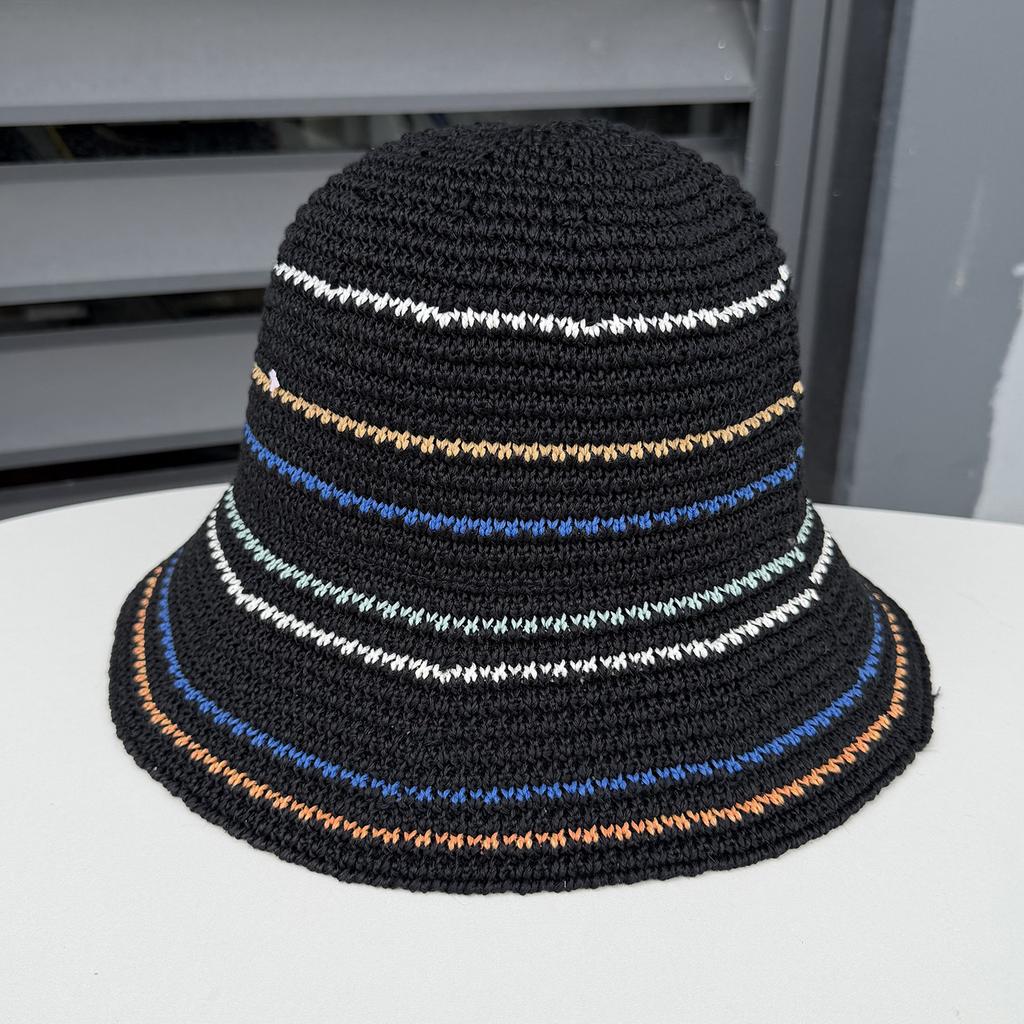 Spring and summer new hollow knitted bucket hat women's face small color striped fashion basin hat casual bucket hat