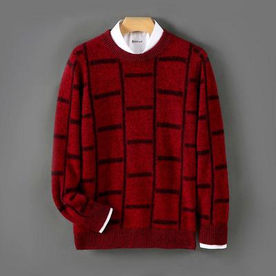 Herren Pullover 100% Reine Wolle Colorblock Rundhals Strickpullover - Locker, Verdickt als Basisschicht für Herbst/Winter