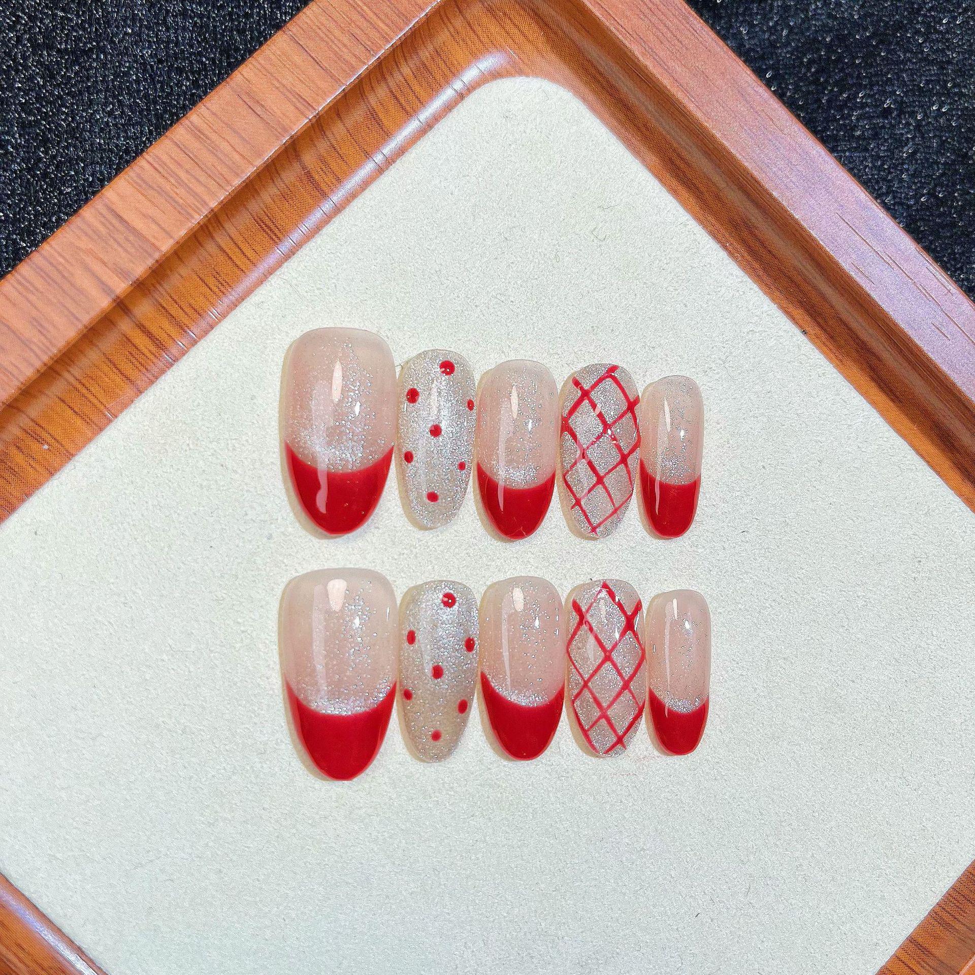 

Red Cat Eye Gingham Polka Dot Handmade Nail Art for Autumn/Winter S