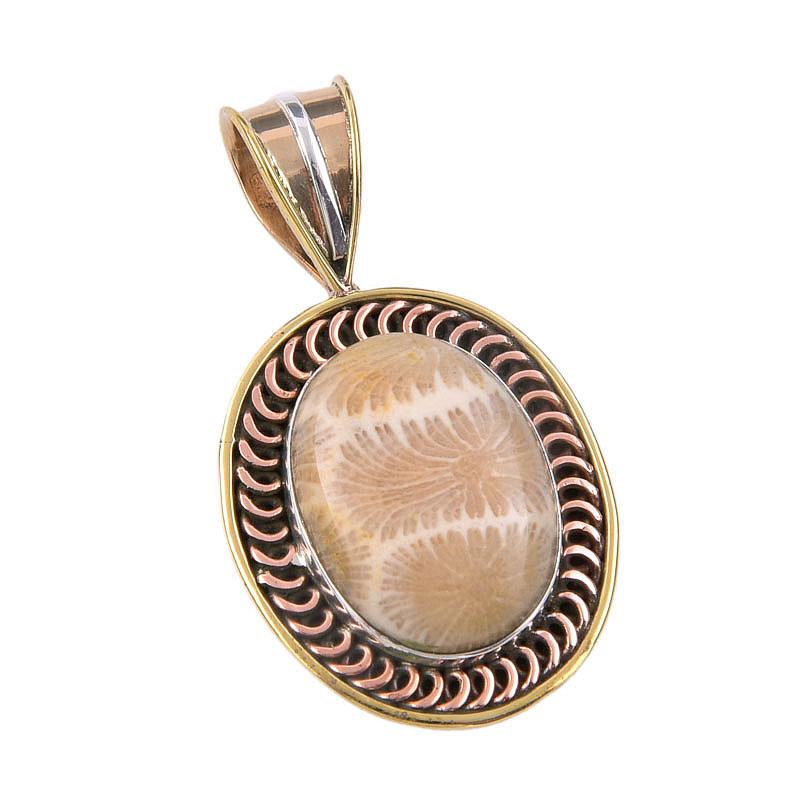 Natural Fossil Coral 925 Solid Sterling Silver TwoTone Gift Pendant 1.50" i7r90