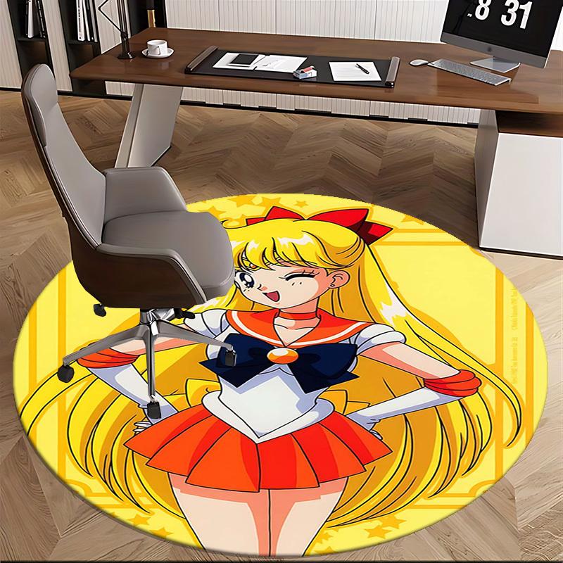 1 Stück Sailor Moon Anime Cartoon Design Runder Teppich Bürostuhlmatte, Rutschfester Teppich für Heimdekoration, Wohnzimmer, Schlafzimmer