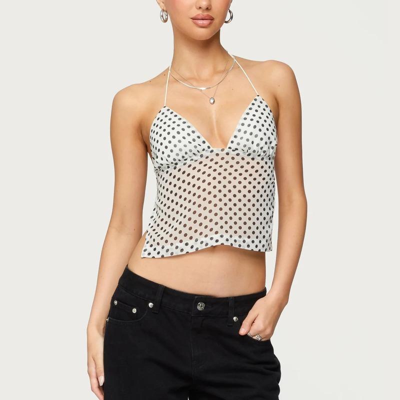 

S new polka dot halter sling hanging neck halter slim sexy hot girl small vest top XL білий