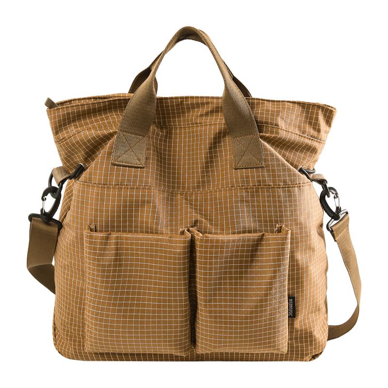 Grid Pattern Shoulder Bag Unisex Fashion Tote Bag With Multiple Pockets Casual Design Everyday Use коричневый