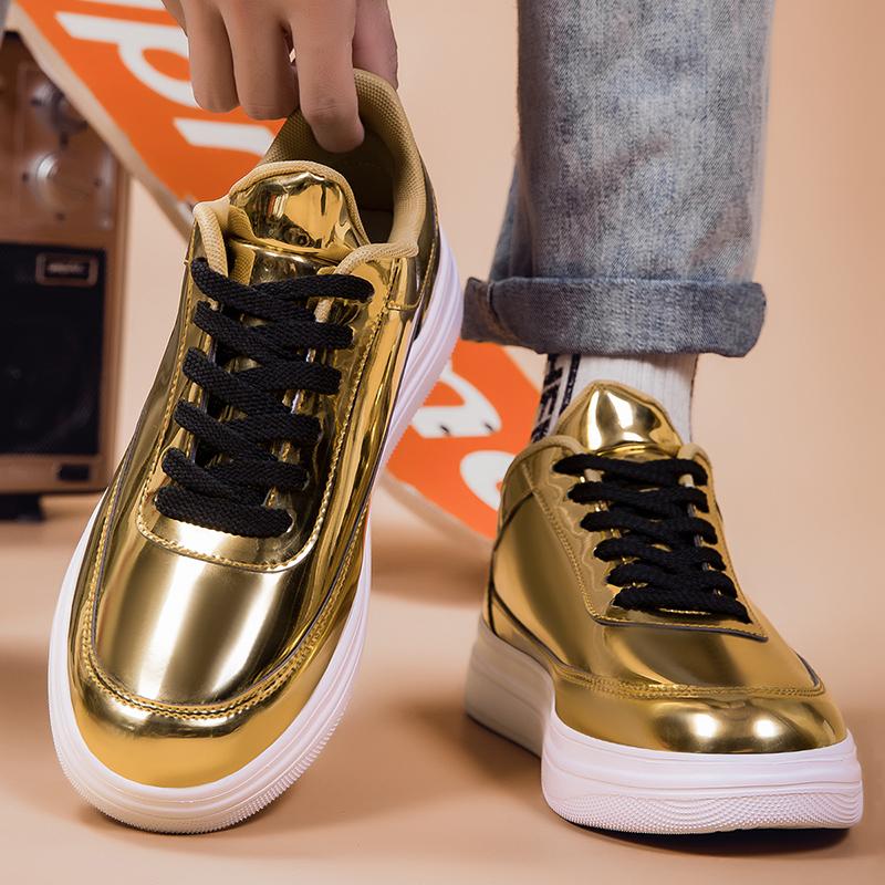 Fashion Men Shoes Lacquer Leather with Shiny Surface and Thick Base Fashion Casual Sport Lamp Party Golden Black Boots Flats Sneaker