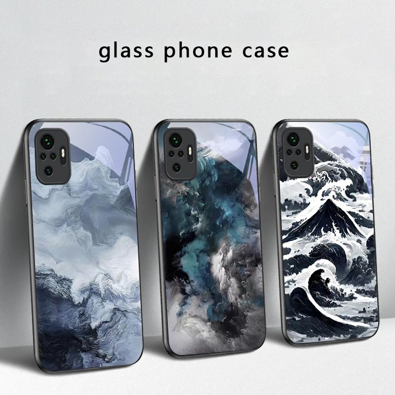 Abstrakte Moderne Wellen Für Redmi Note 14 Pro+ 13 Pro 8 9 9S 12S 10 Pro 11 12 13C 14C A3 12 13 K60 Ultra Schwarze Glas Handyhülle