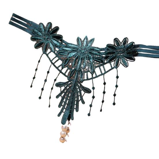 Women G-string Flower Embroidery Tassel Solid Color Hollow Out Faux Pearl Decor Spaghetti