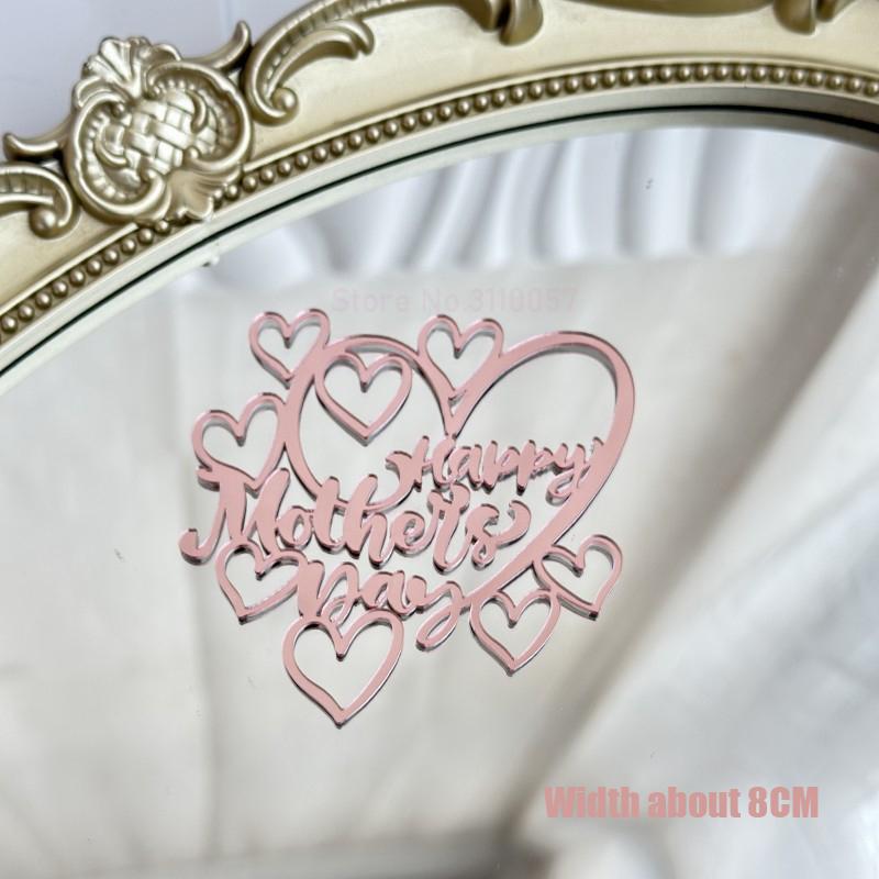 10pcs Glitter Happy Mother's Day Cake Toppers Acrylic Mirror Pink Cupcake Topper Heart Best MOM Party Cake Dessert Decorations