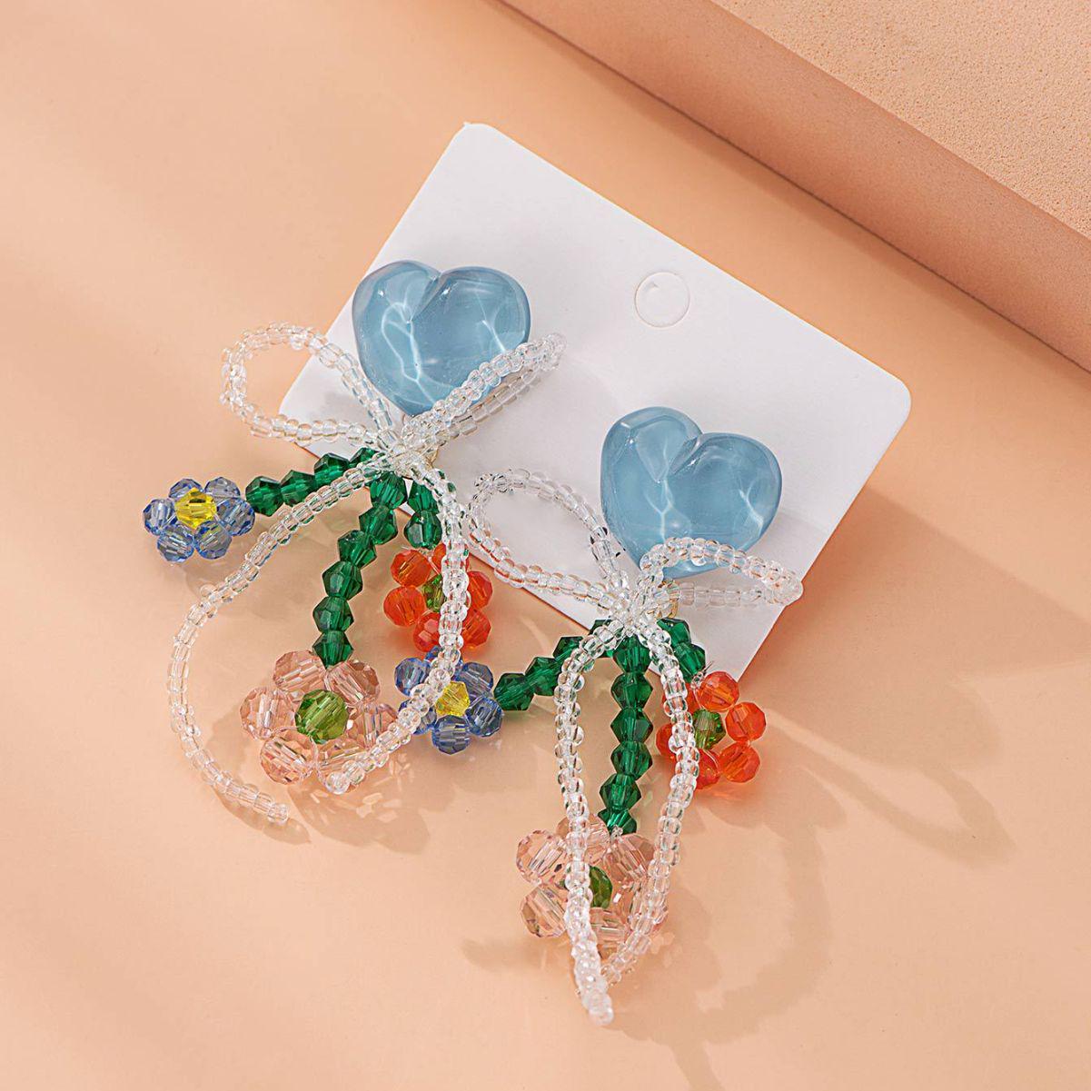 

Handmade Love Bow Beaded Earrings - Japanese & Korean-Inspired Small Fresh Design for Women