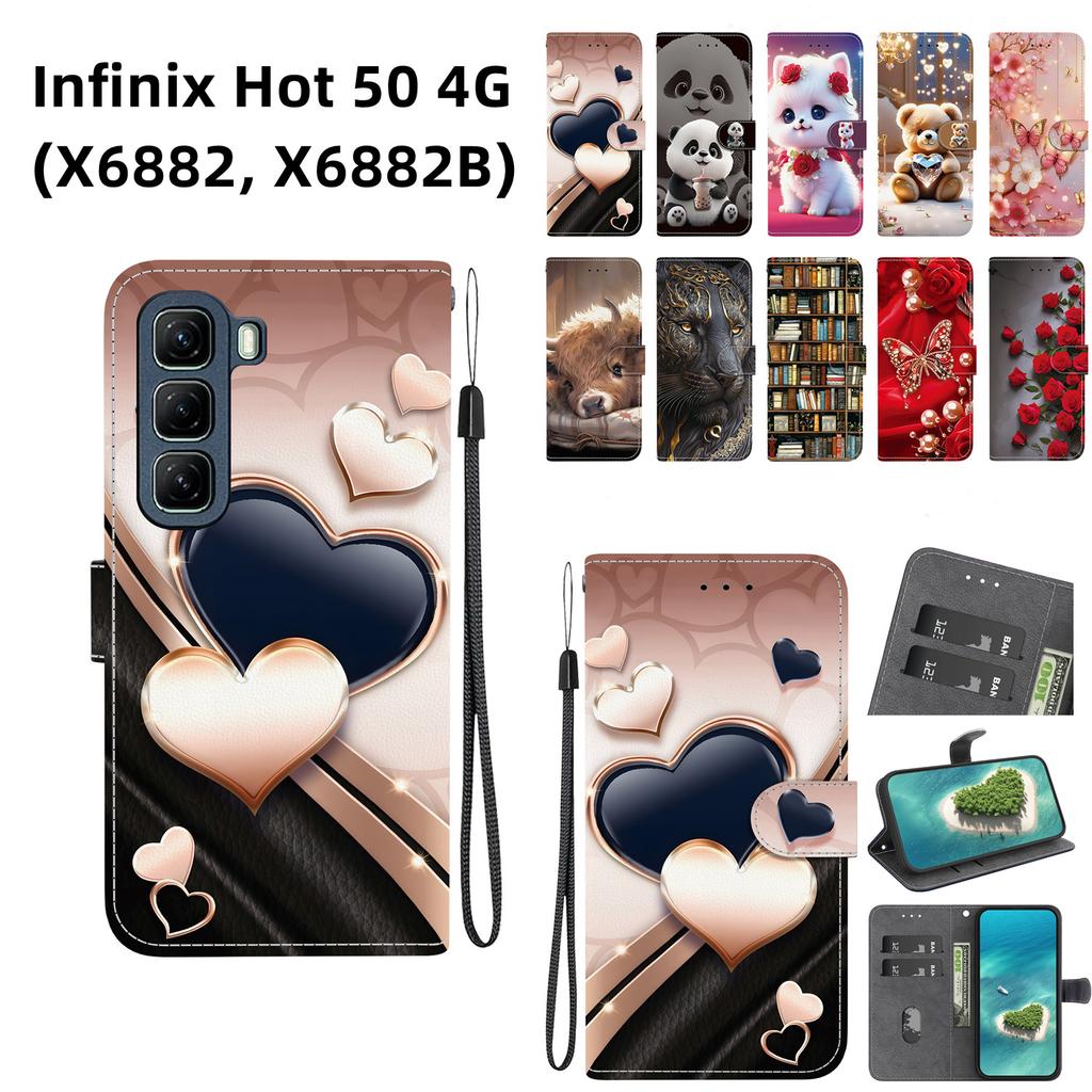 Handmade PU Leather Flip Case for Infinix Hot 50 4G (X6882, X6882B) Anti-Slip Shockproof Cover with Wrist Strap & Heart/Rose Cat Designs