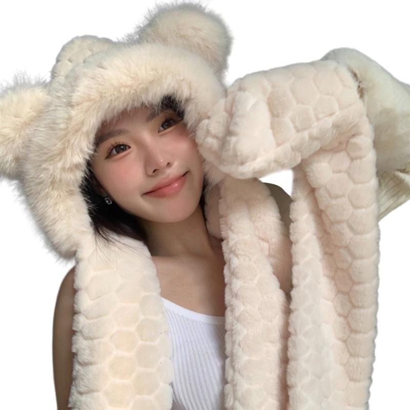 

Furry Hat Head Wrap Furry Bear Gloves Thicken Hood for Women Outdoor Wear Thicken Ear for Winter Sports Cycling Skiing