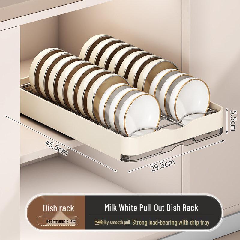 Pull-Out Kitchen Cabinet Dish Rack with Built-in Shelf and Draining Basket