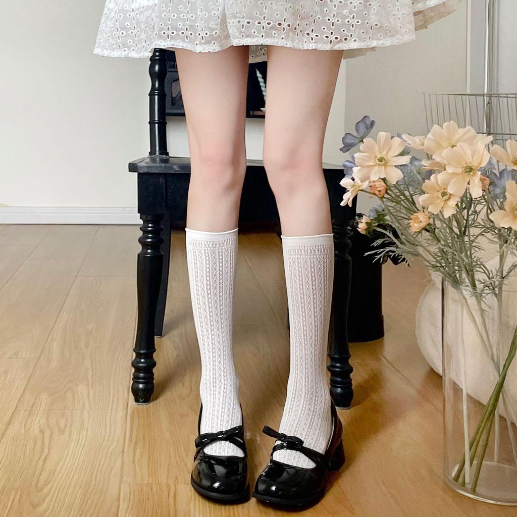 Elegant White Cable Knit Mid-Calf Socks: Women's Ballet Style Lace Mesh Leg Warmers