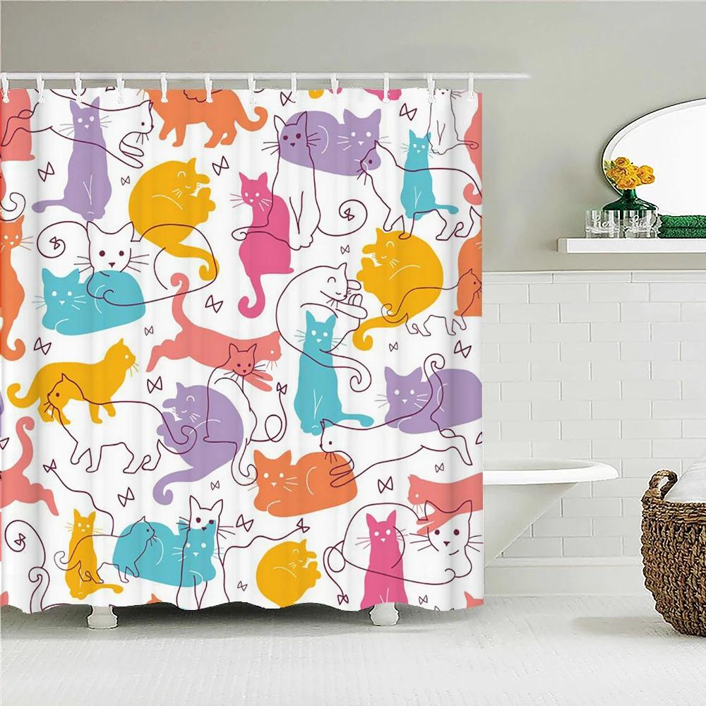 Funny Cute Cartoon Bathing Cat Dog Shower Curtains Bathroom Bathtub Decoration Waterproof Bath Curtain Home Decor with Hooks