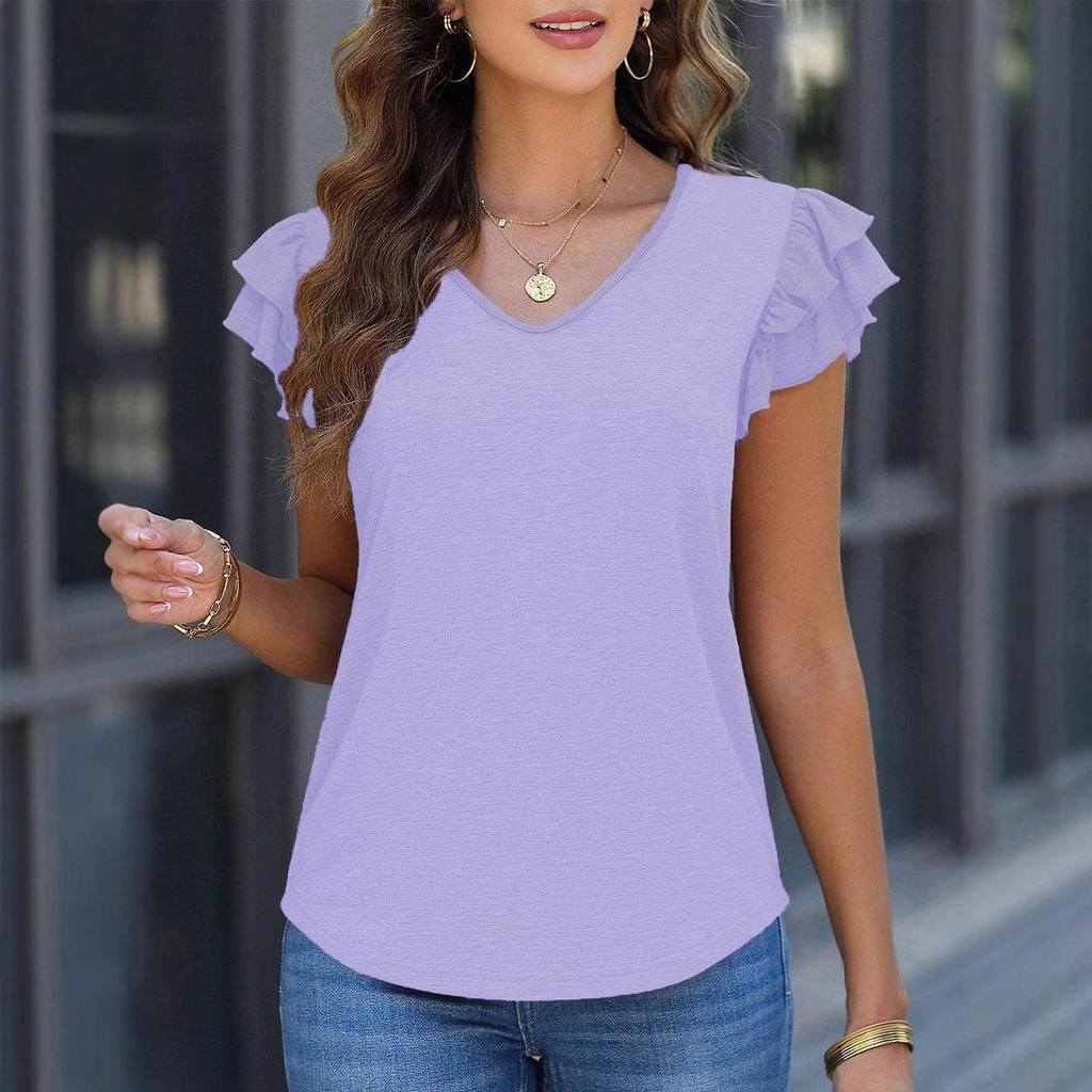 Women's Solid Color V-neck Ruffled Sleeves T-shirt