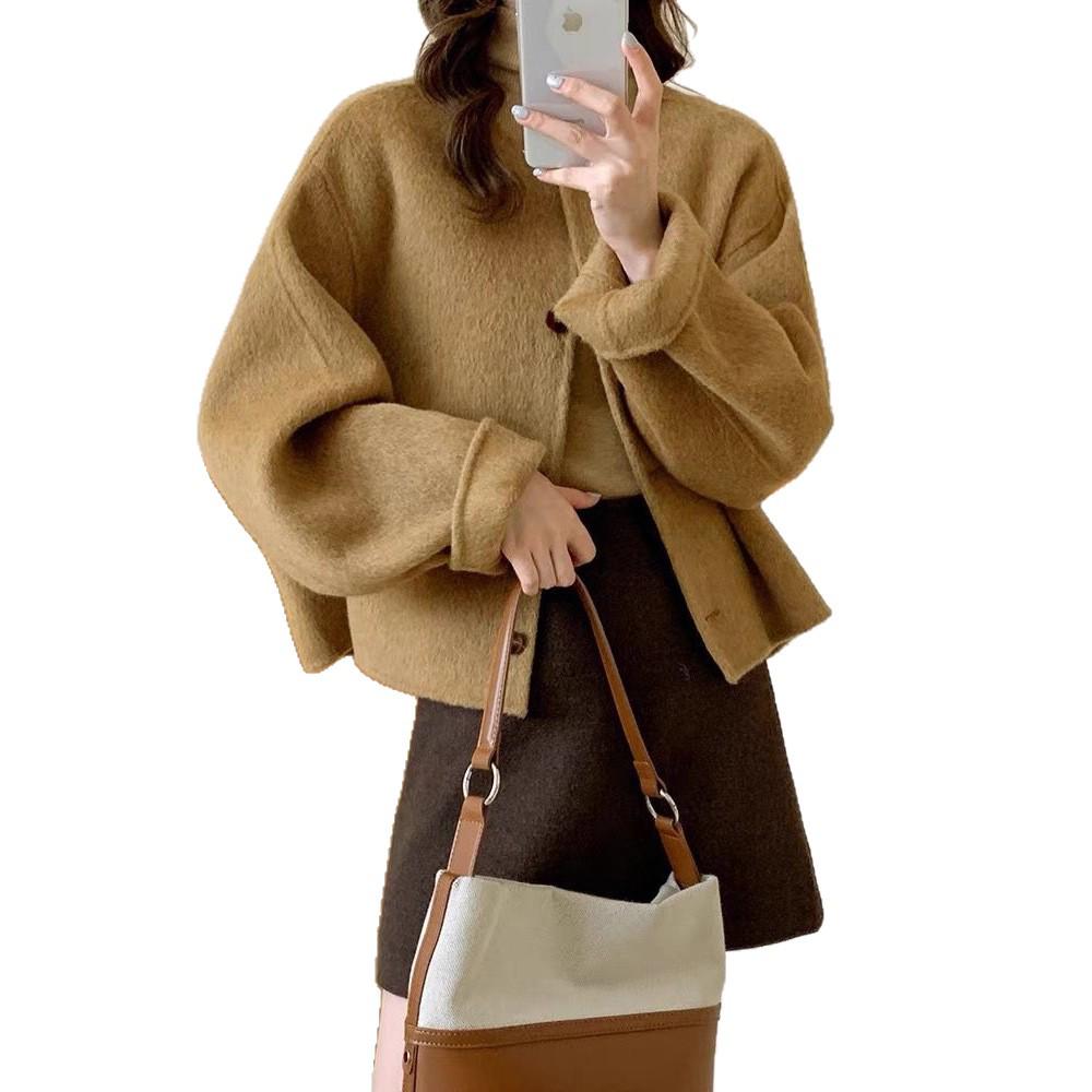 Women's Loose Wool Overcoat: 2024 Winter Korean Style, Round Neck, Short Double-Faced Design, Fragrant Temperament Style