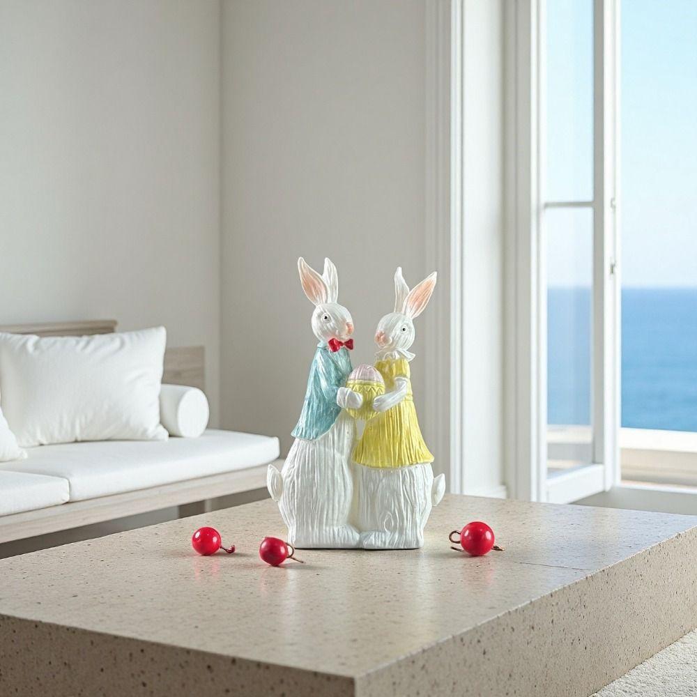 Wood Grain Resin Easter Bunny Decorations Simulation Design Bunny Couple Statue Tabletop Display