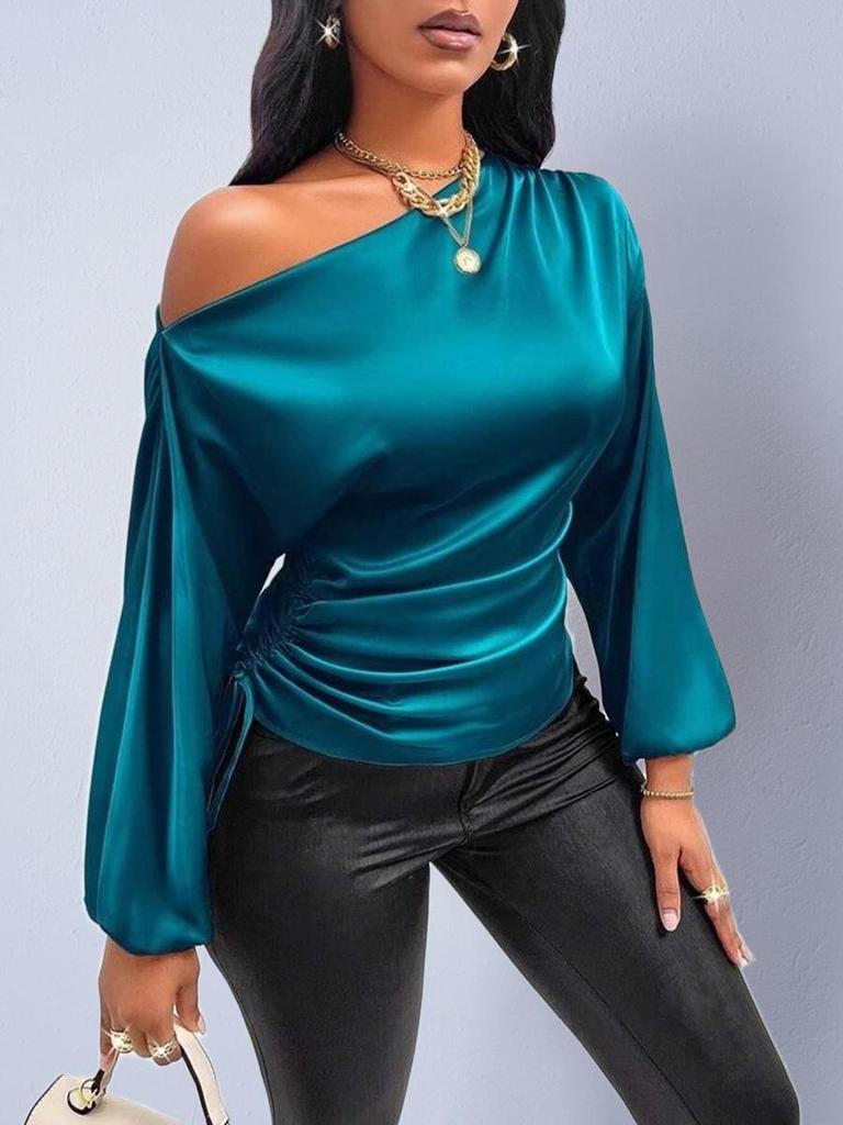 Asymmetrical Satin Blouse with Slanted Collar - Women's Spring/Autumn Collection