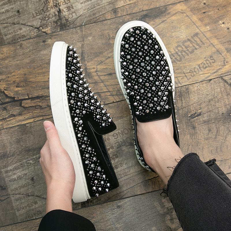 Fashion 2025 New Men Tide Leather Casual Shoes Fashion Luxury Embroidery Twinkling Rhinestone Flat Shoes Leisure Sneakers Loafers