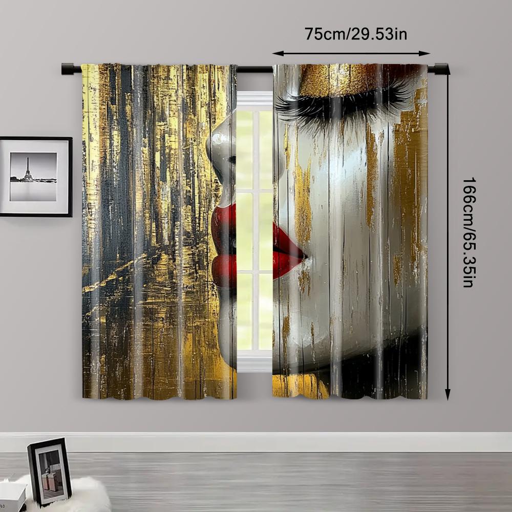 2pcs   Spring Summer Curtains Facial Reflexes_ Red Lips and Black Eyelashes of Women In Urban Landscapes Semi-Sheer Curtains