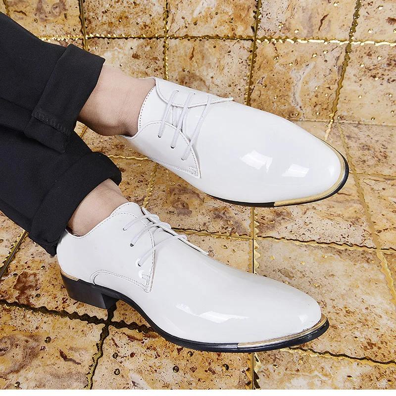 Pánské špičaté kožené boty Formální společenská obuv Kreativní Velké Obchodní Svatba Pánské boty Sapato Social Masculino Lakovaná kůže