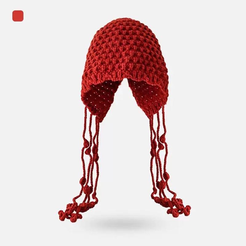 Autumn And Winter Warm Wool Hat Hand-Woven Hollow Bag Hat Women'S Ethnic Style Fringed Ear Protector Knitted Hat