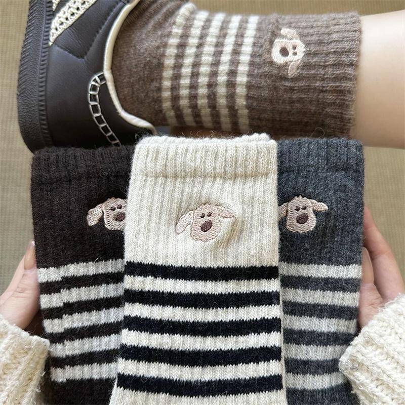 Embroidered Puppy Wool Striped Socks Children Dongdaemun Medium Tube Socks Cute Winter Warm Pile Socks
