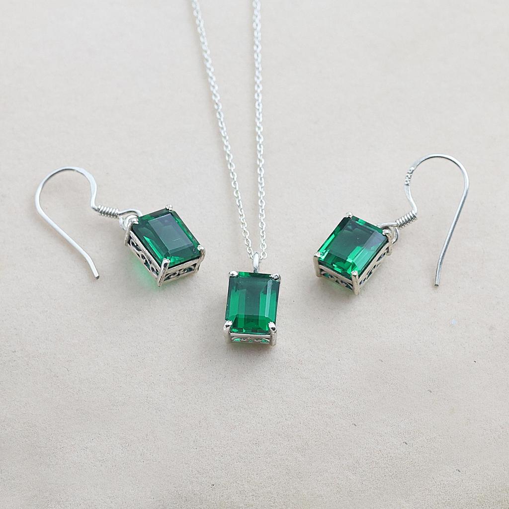 Green Zircon Jewelry Set, Silver Jewelry, Women Necklace Earring, Gift For Her